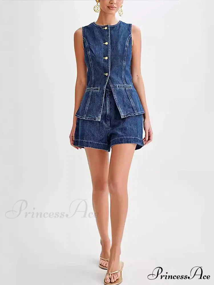 Blue Round-neck Sleeveless Shorts Workplace Two Piece Set officetwopieceset-250223