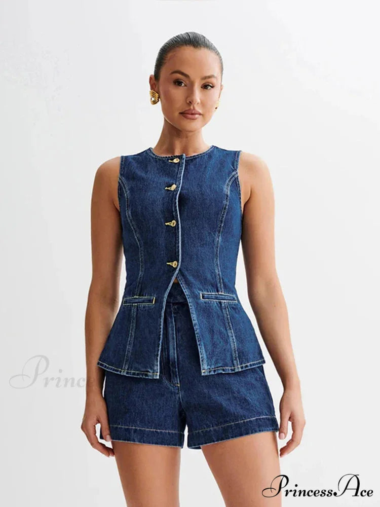 Blue Round-neck Sleeveless Shorts Workplace Two Piece Set officetwopieceset-250223