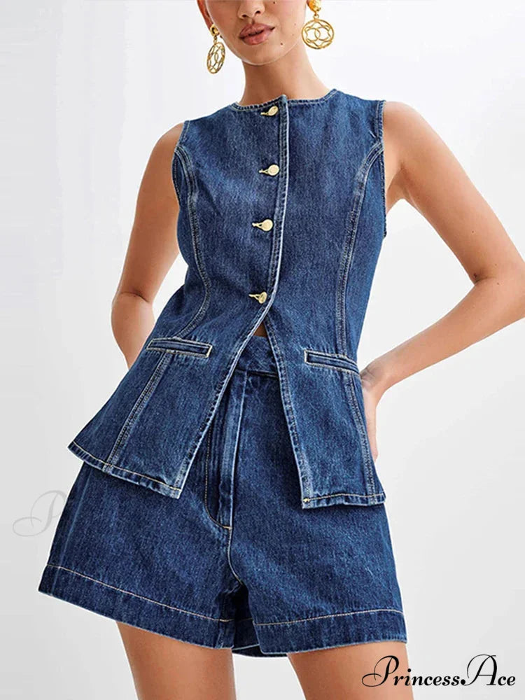 Blue Round-neck Sleeveless Shorts Workplace Two Piece Set officetwopieceset-250223