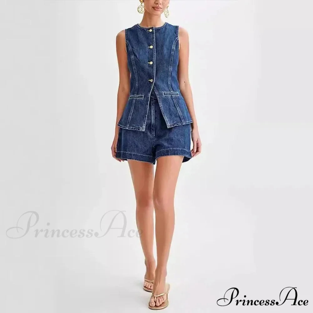 Blue Round-neck Sleeveless Shorts Workplace Two Piece Set blue set / S officetwopieceset-250223