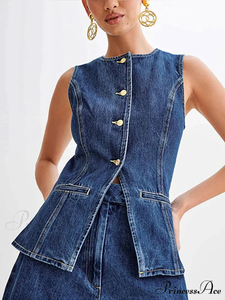 Blue Round-neck Sleeveless Shorts Workplace Two Piece Set blue vest / S officetwopieceset-250223
