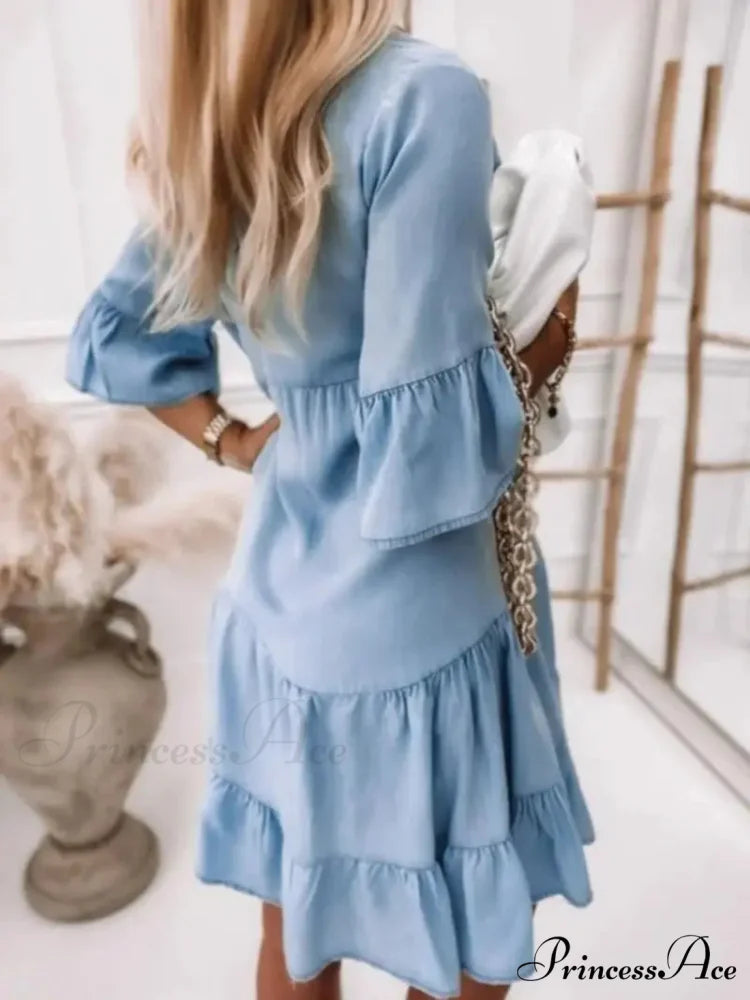 Blue Ruffles Midi Denim Dress
