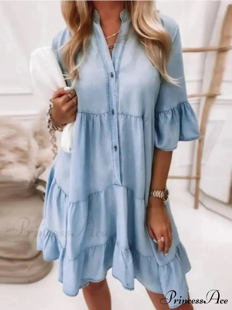 Blue Ruffles Midi Denim Dress