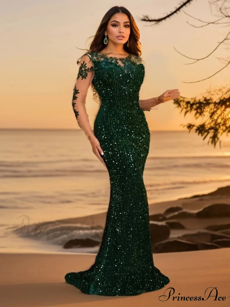 Blue Sequins O Neck Mesh Party Dress Green / M