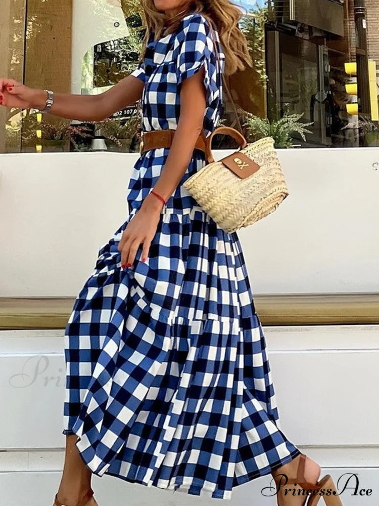 Blue Short Sleeve Button Dress