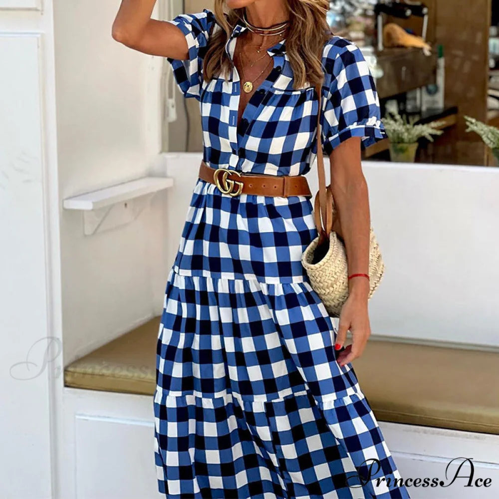 Blue Short Sleeve Button Dress