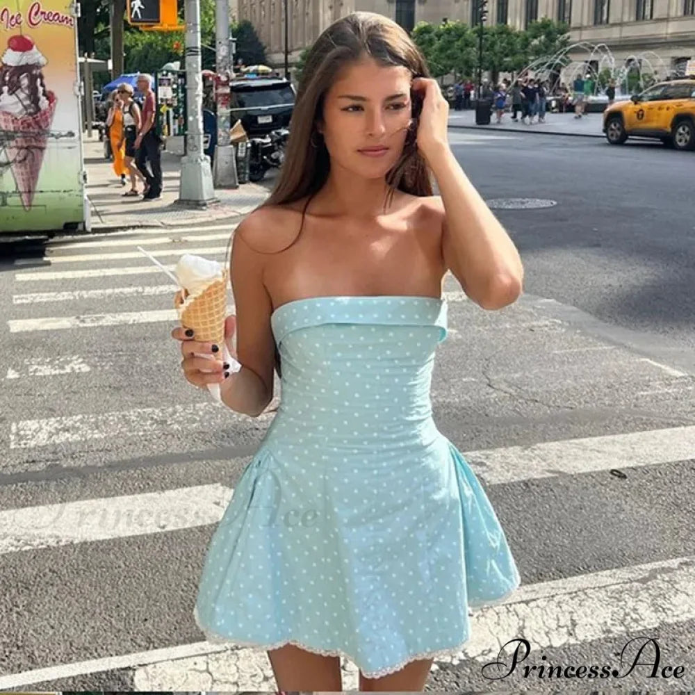 Blue Strapless Polka Charming Dot Mini Dress