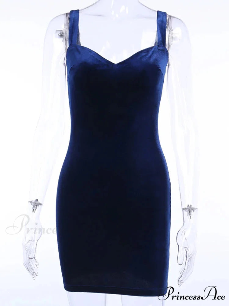 Blue V-Neck Spaghetti Strap Mini Sleeveless Skinny Soft Fashion Slim Bodycon Dress Blue / S