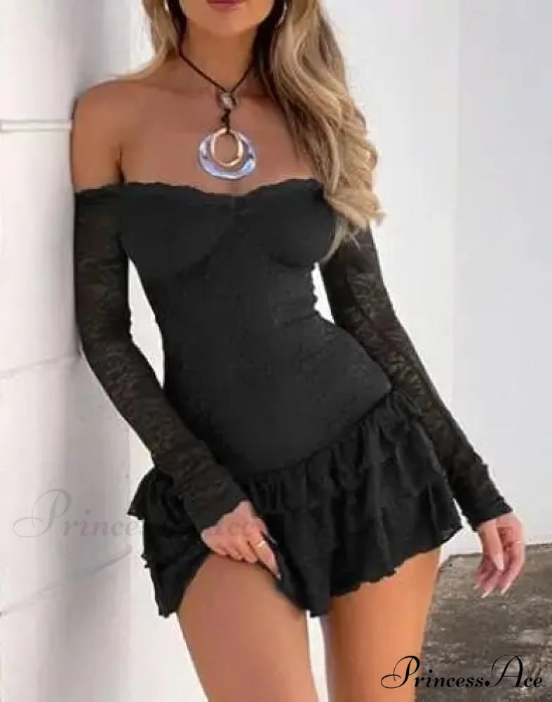 Boat Neck Frilled Short Dress black / S minidress-250223