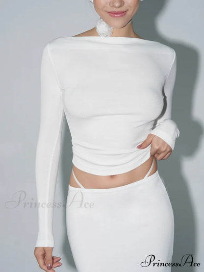 Boat Neck Graceful Long Sleeve Shirt White / XS