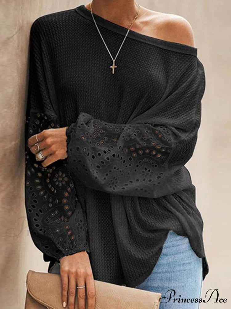 Boat with Openwork Dropped Blouse Neck Shoulders Black / S