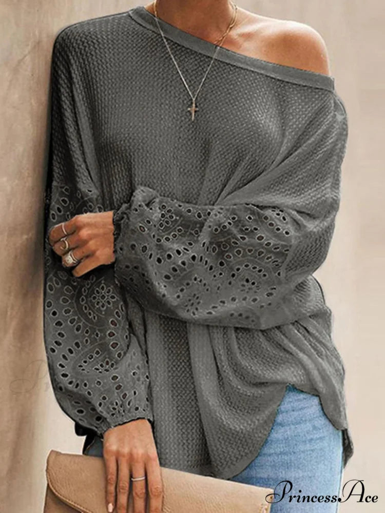 Boat with Openwork Dropped Blouse Neck Shoulders Charcoal / S