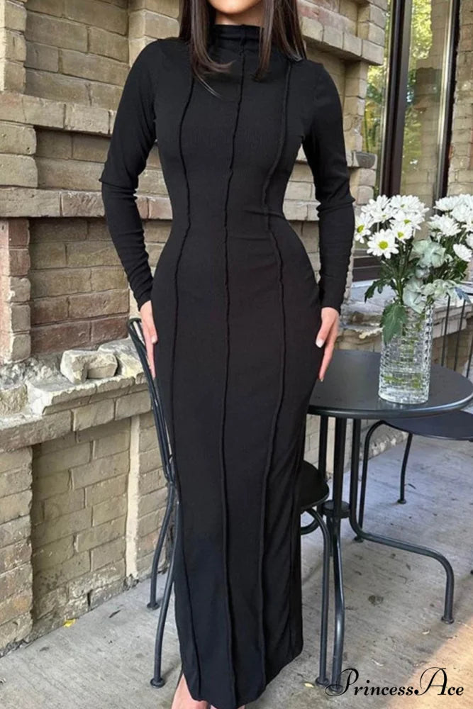 Bodycon Dress with Crew Neck and Slit Black / S