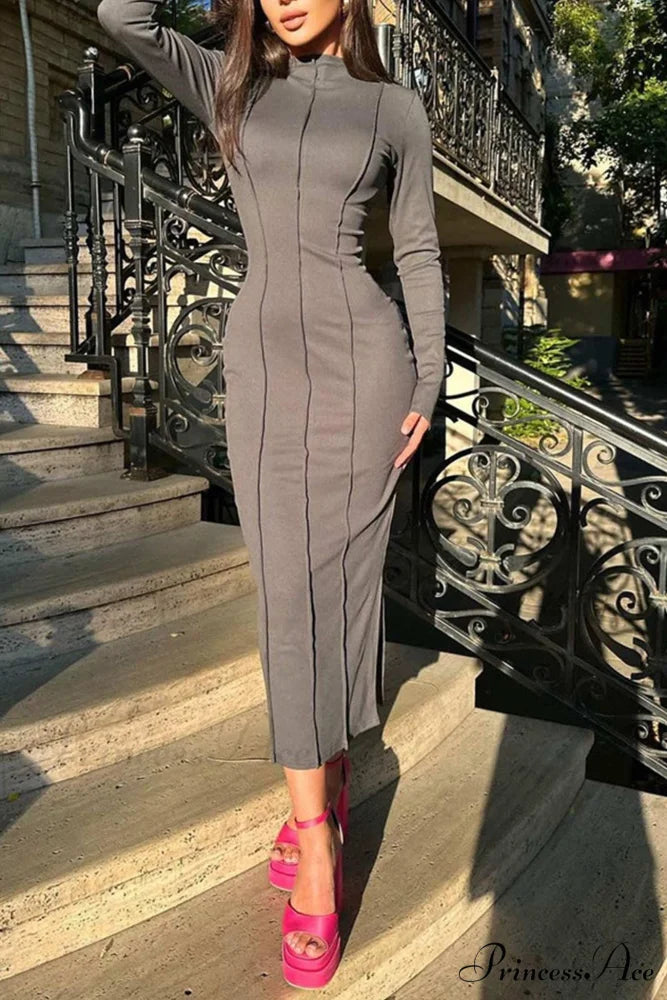 Bodycon Dress with Crew Neck and Slit Grey / XL