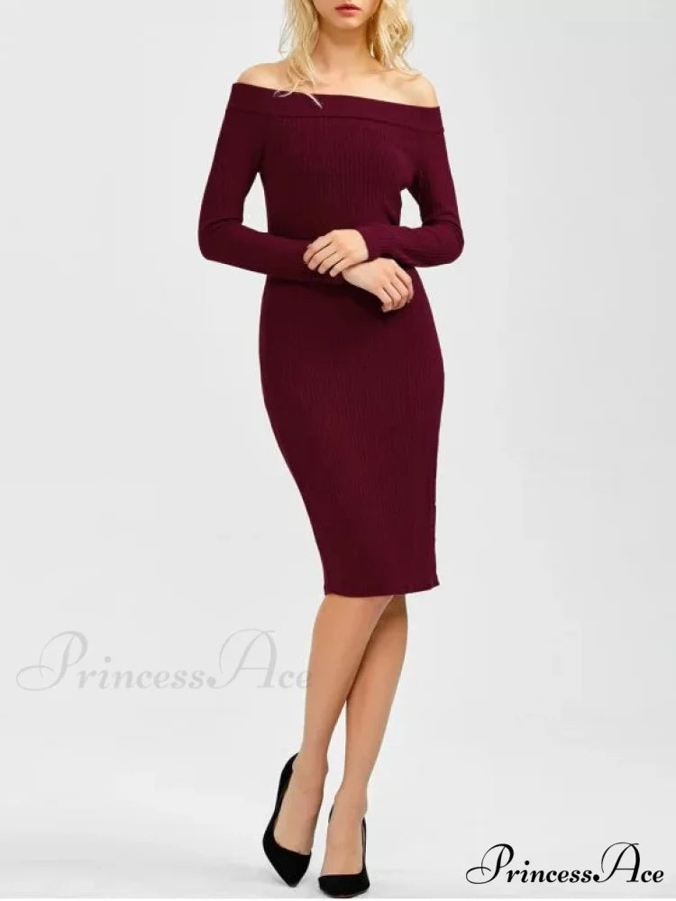 Bodycon Long Shoulder Arm Off Dress L / WINE RED