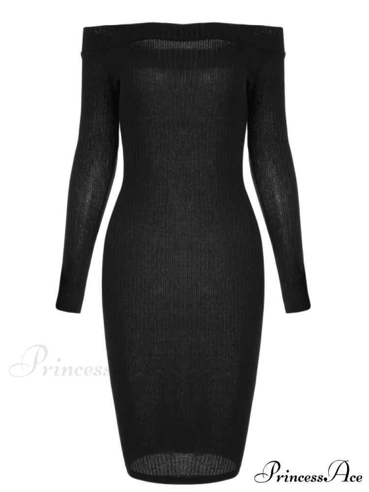 Bodycon Long Shoulder Arm Off Dress M / BLACK