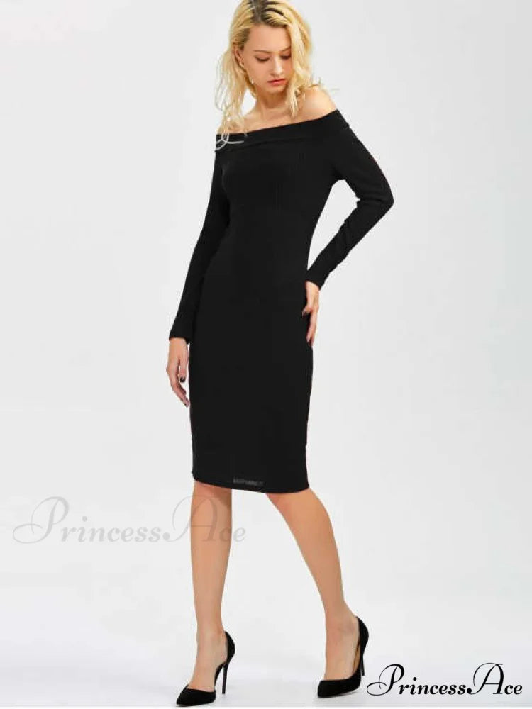 Bodycon Long Shoulder Arm Off Dress M / WINE RED