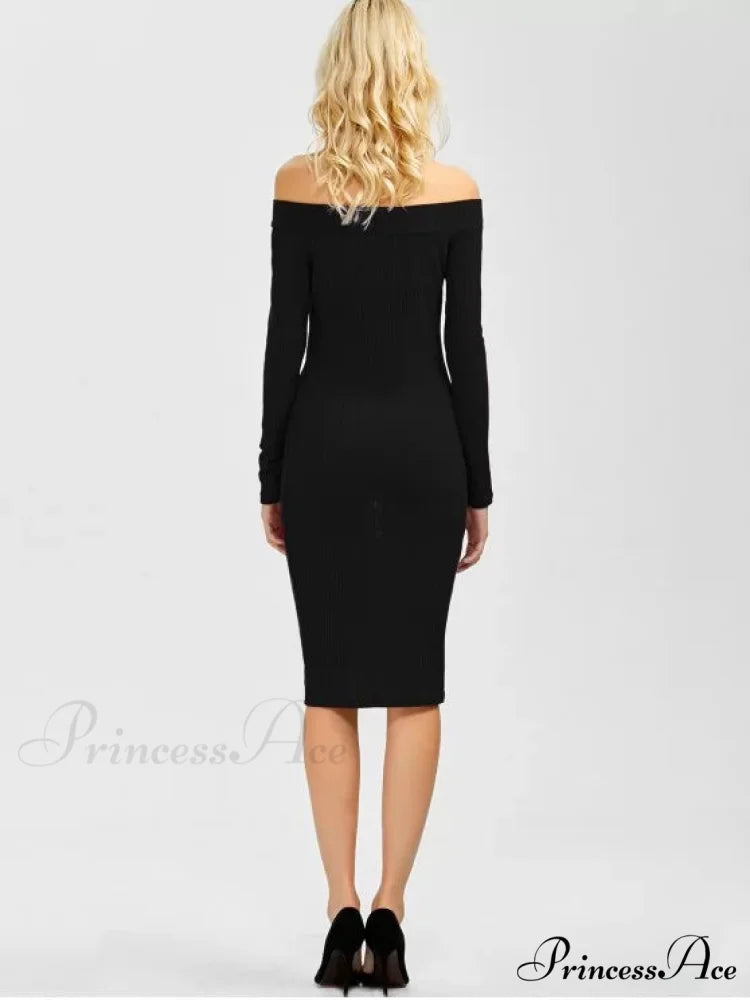 Bodycon Long Shoulder Arm Off Dress S / BLACK