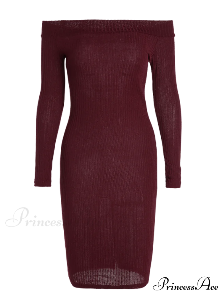 Bodycon Long Shoulder Arm Off Dress XL / WINE RED