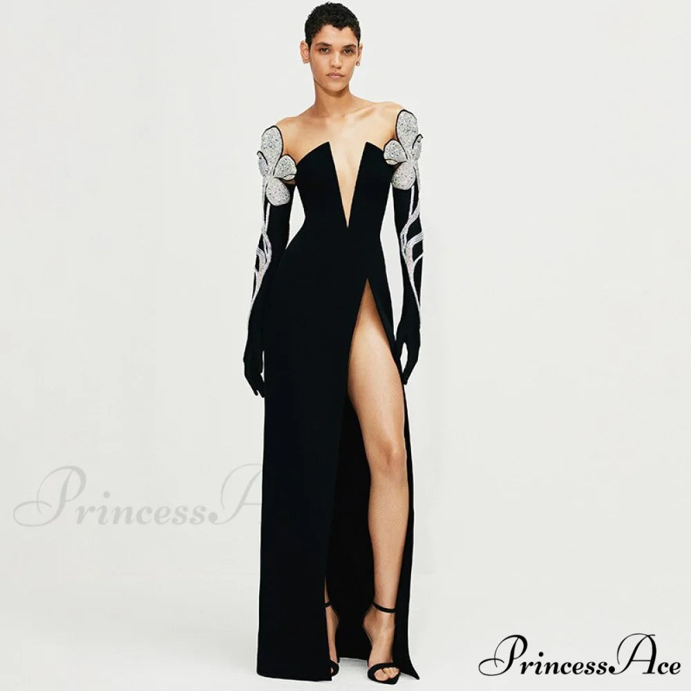 Bodycon Long Sleeve Party Evening Long Dress Black / S