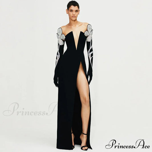 Bodycon Long Sleeve Party Evening Long Dress Black / S