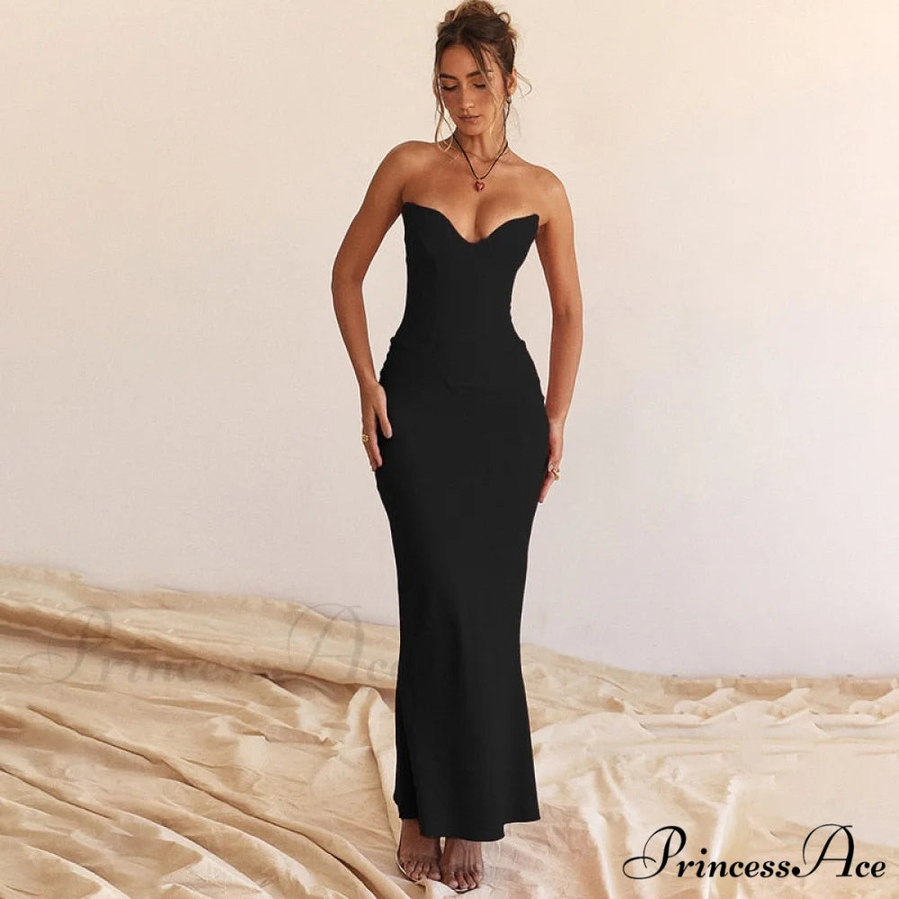 Bodycon - Off-Shoulder Fishbone Party Gown Club for Strapless Elegant Full-Length Women Night Gown Black / S