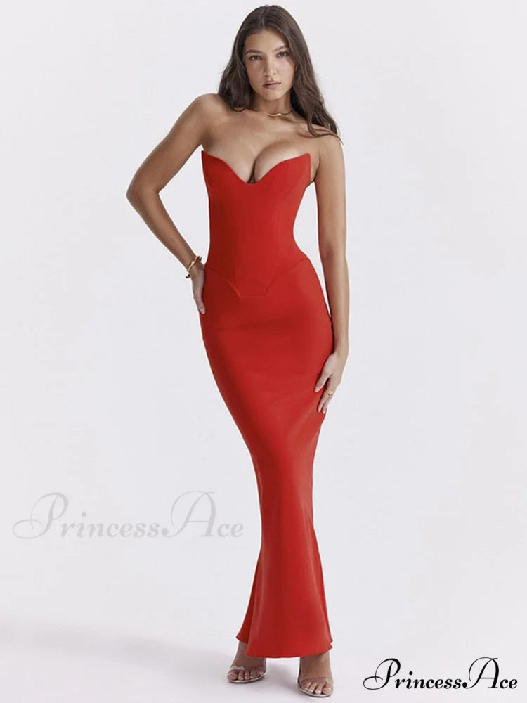 Bodycon - Off-Shoulder Fishbone Party Gown Club for Strapless Elegant Full-Length Women Night Gown Red / S