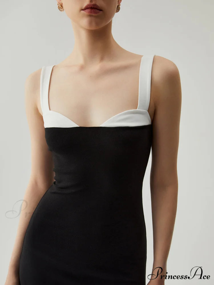 Bodycon Patchwork Sweetheart Trendy Collar Cami Midi Dress