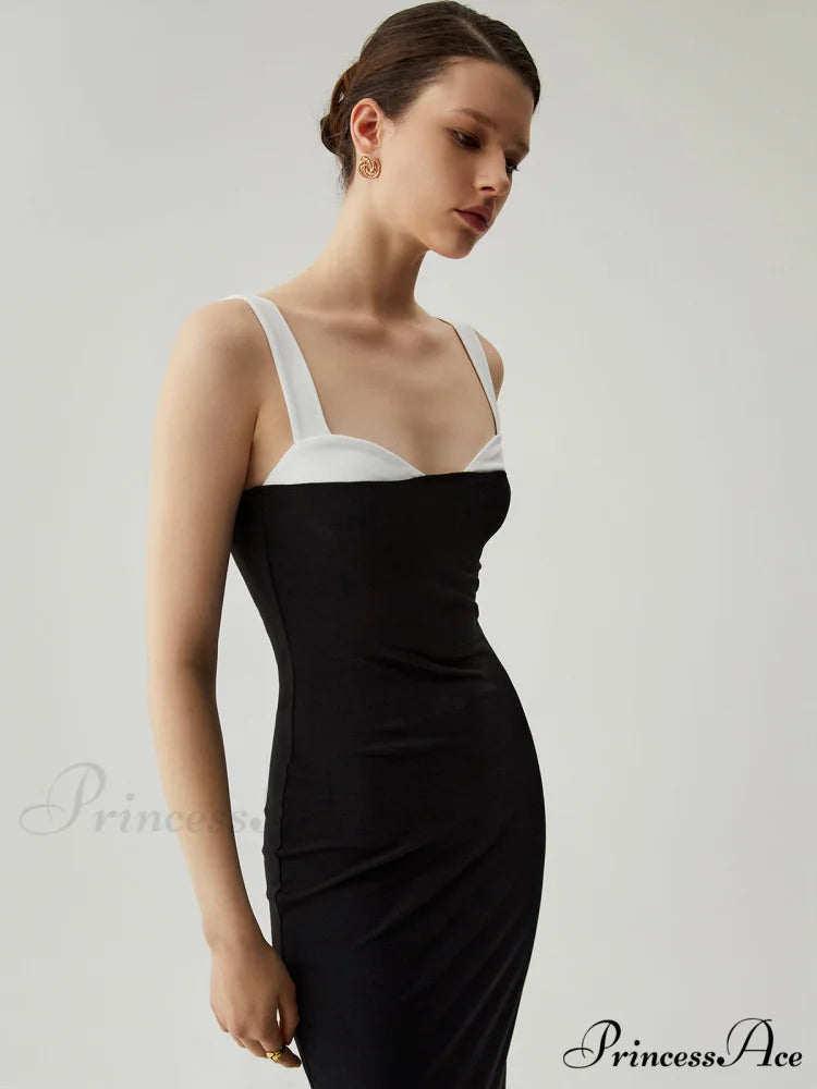 Bodycon Patchwork Sweetheart Trendy Collar Cami Midi Dress