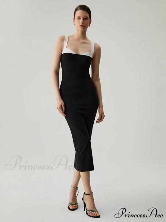 Bodycon Patchwork Sweetheart Trendy Collar Cami Midi Dress