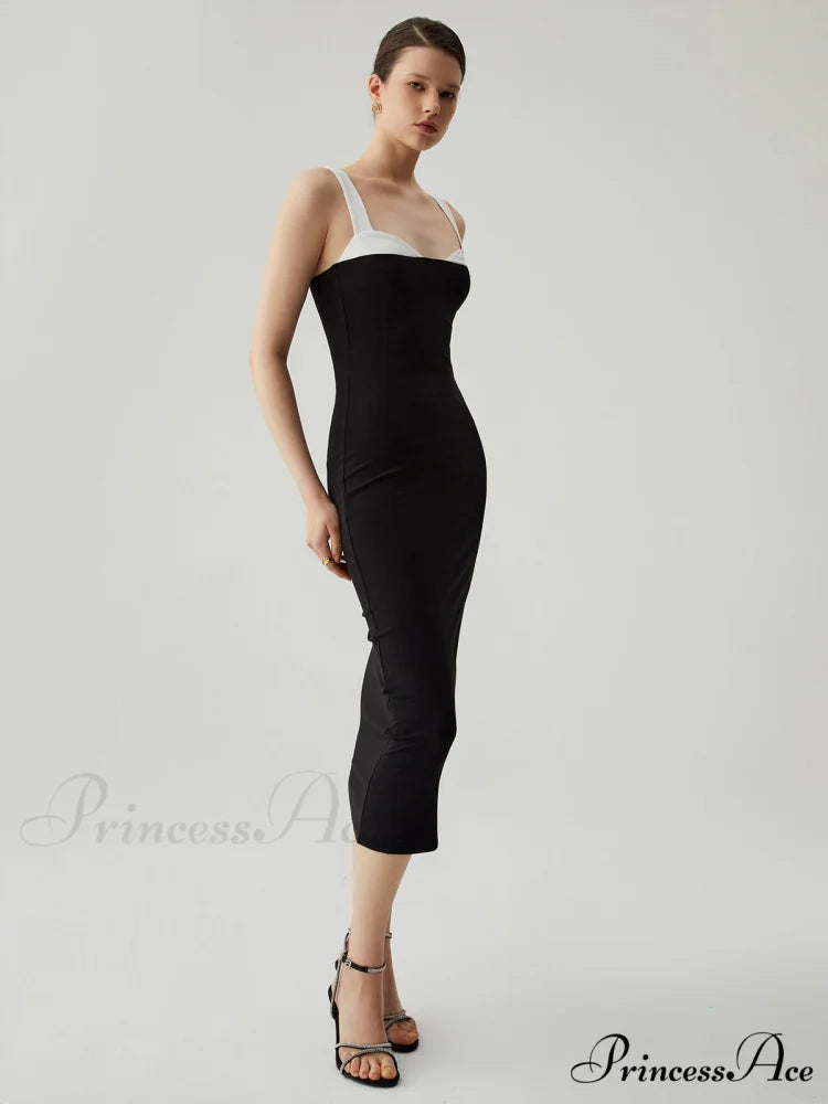 Bodycon Patchwork Sweetheart Trendy Collar Cami Midi Dress