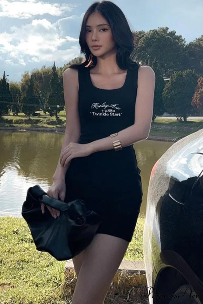Bodycon Tank Dress with Letter Print Black / S