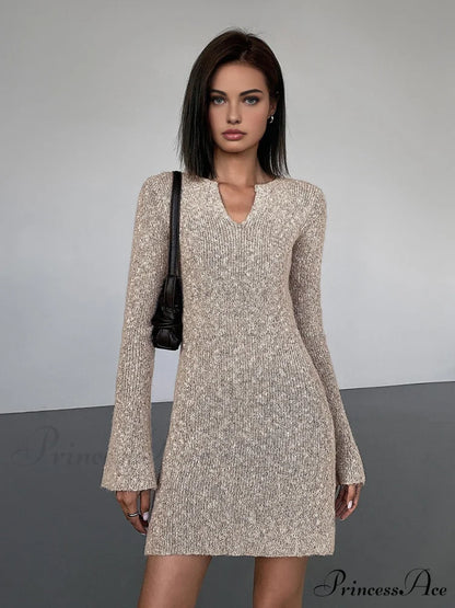 Bodycon V-neck Long Trendy Sleeve Mini Knit Dress Apricot / XS