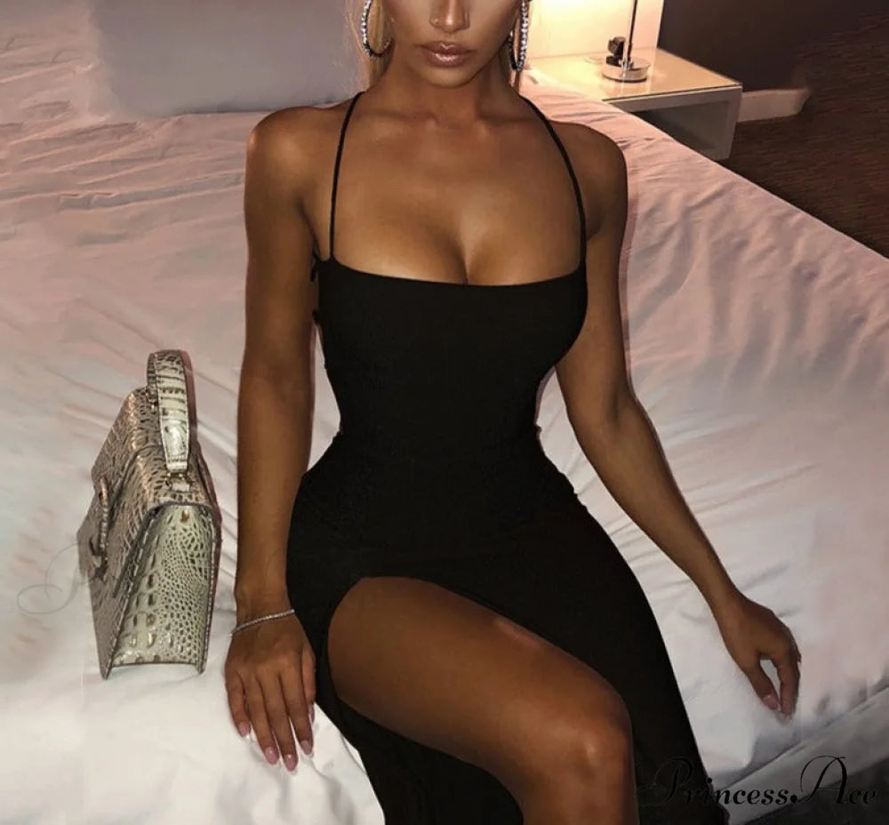 Bodycon Warm-Season Split Slim Strap High Party Bandage Gown Elegant Gown Women Spaghetti Vestidos Black / S