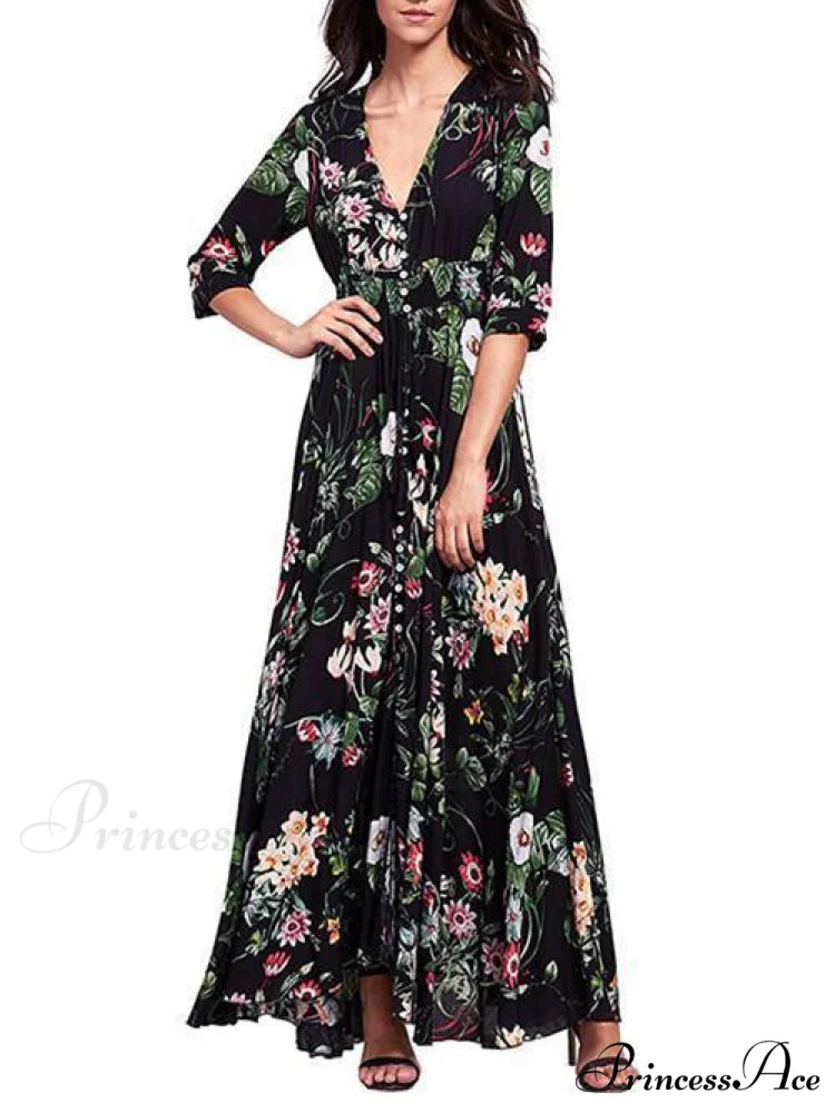 Bohemia Floral Printed V Neck Maxi Dress for Summer Beach S / Beige