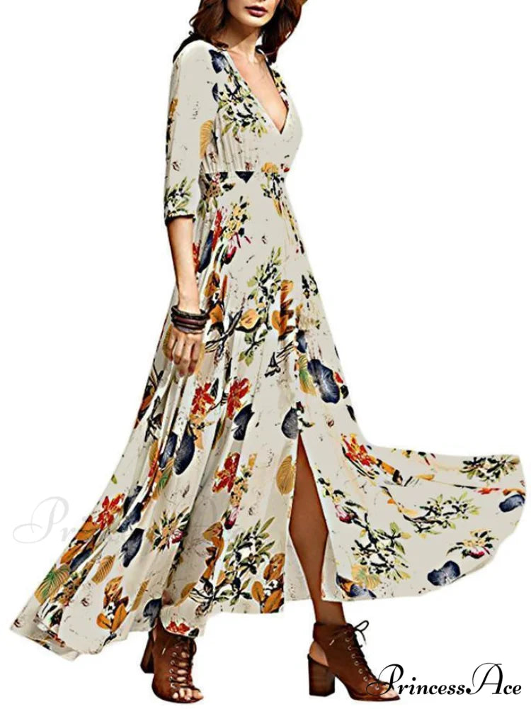 Bohemia Floral Printed V Neck Maxi Dress for Summer Beach S / Black