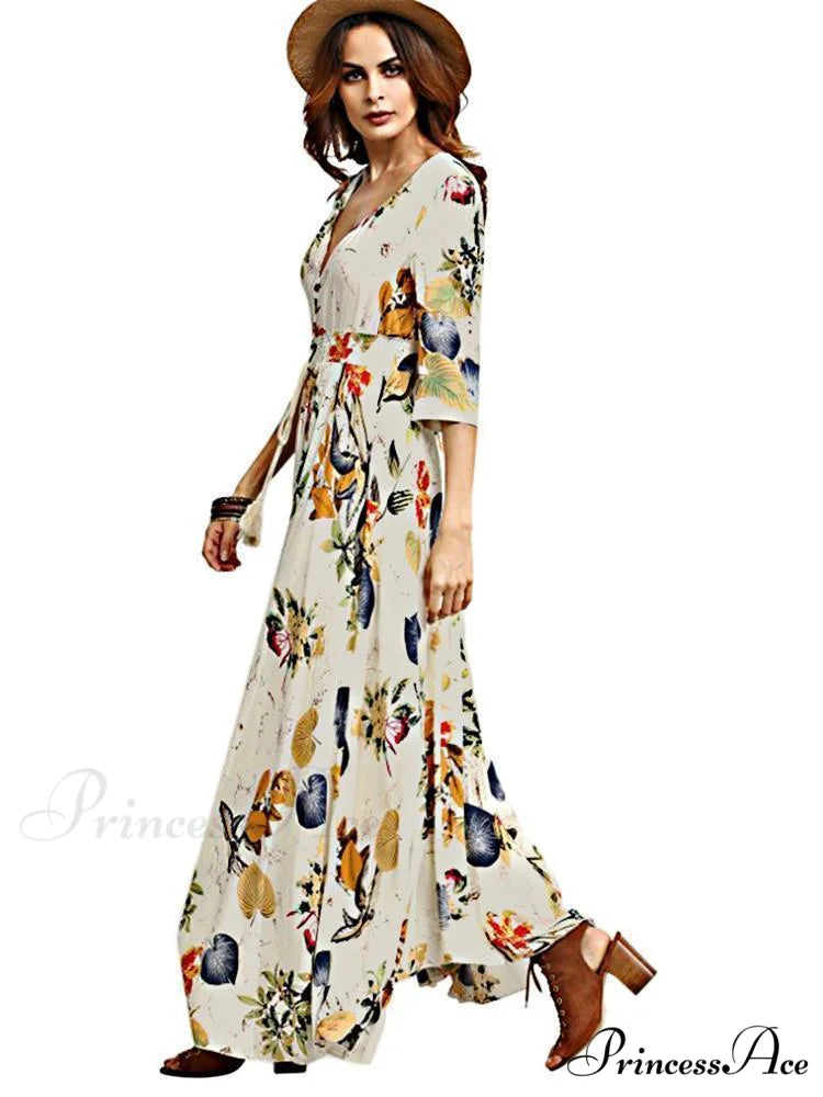 Bohemia Floral V Neck Maxi Dress M / Beige