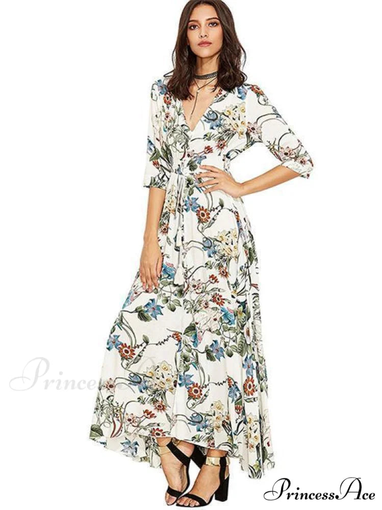 Bohemia Floral V Neck Maxi Dress M / White