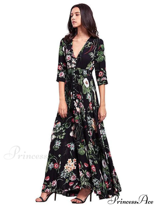 Bohemia Floral V Neck Maxi Dress S / Black