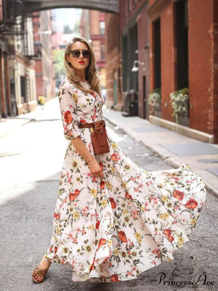 Bohemia Gown Full-Length Neck Half with Round and Flowered Sleeves M / Green