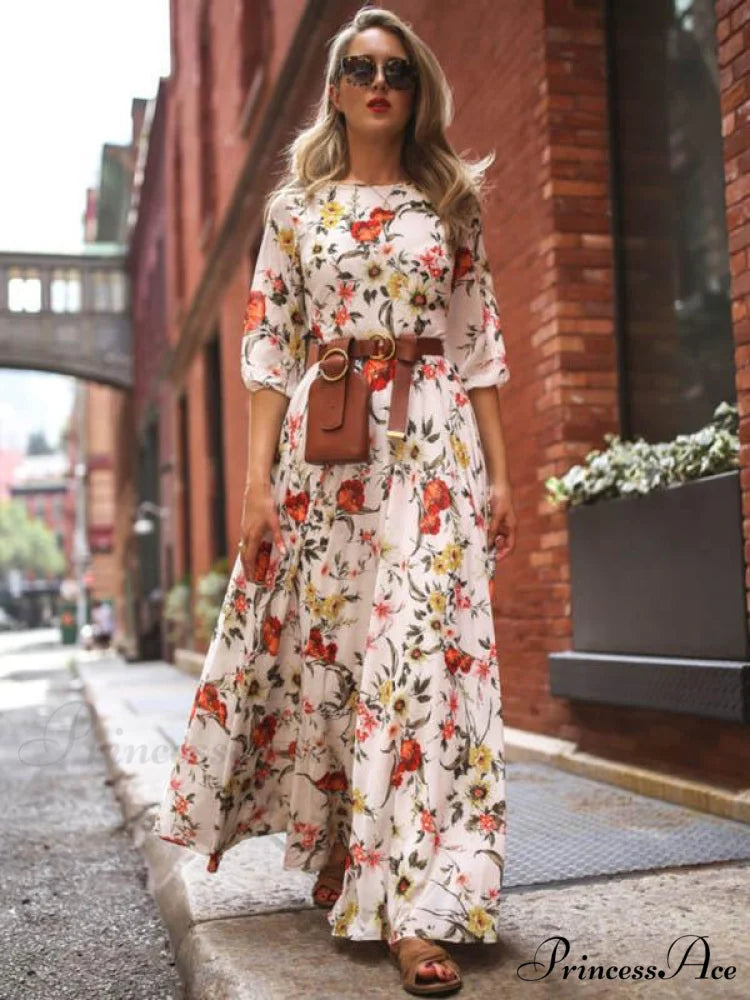 Bohemia Gown Full-Length Neck Half with Round and Flowered Sleeves S / White