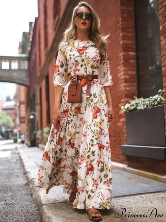 Bohemia Gown Full-Length Neck Half with Round and Flowered Sleeves S / White