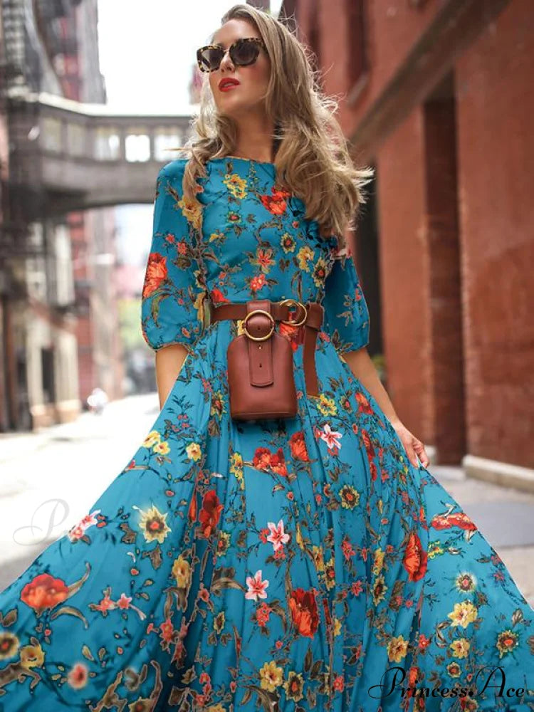 Bohemia Maxi Dress with Floral Round Neck and Half Sleeves S / Blue