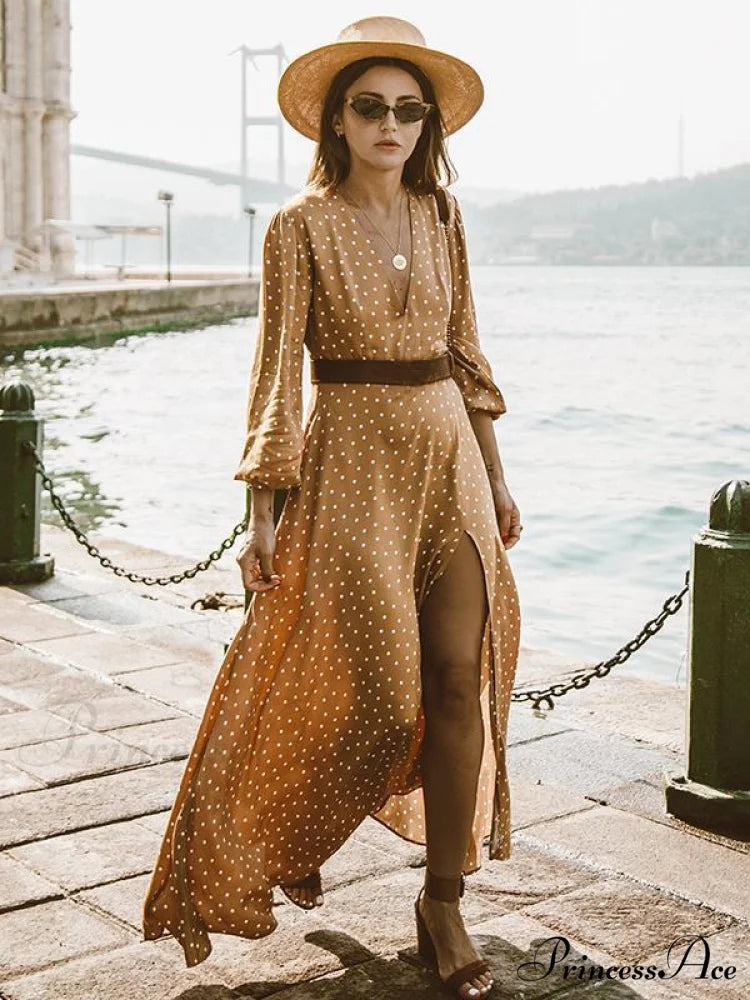 Bohemia Polka-Dot V Neck Maxi Dress for Summer