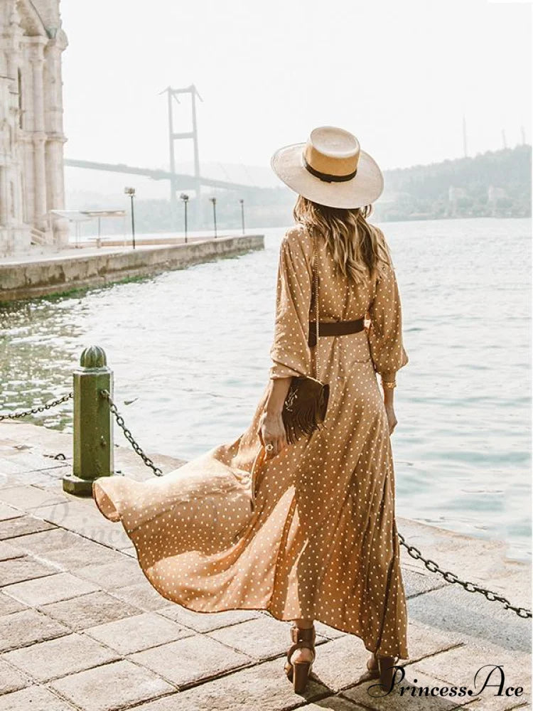 Bohemia Polka-Dot V Neck Maxi Dress for Summer