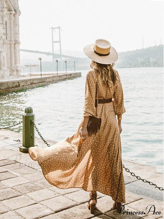 Bohemia Polka-Dot V Neck Maxi Dress for Summer
