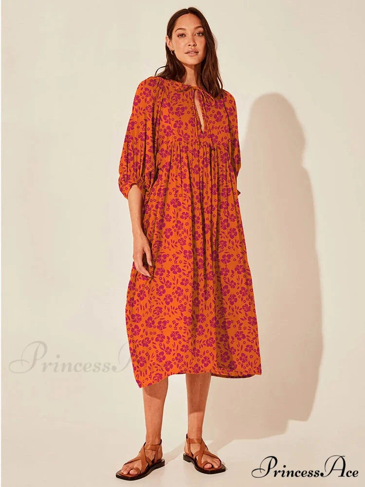 Bohemian Antique Lantern Sleeve Dress orange red floral / S bohodress-250126