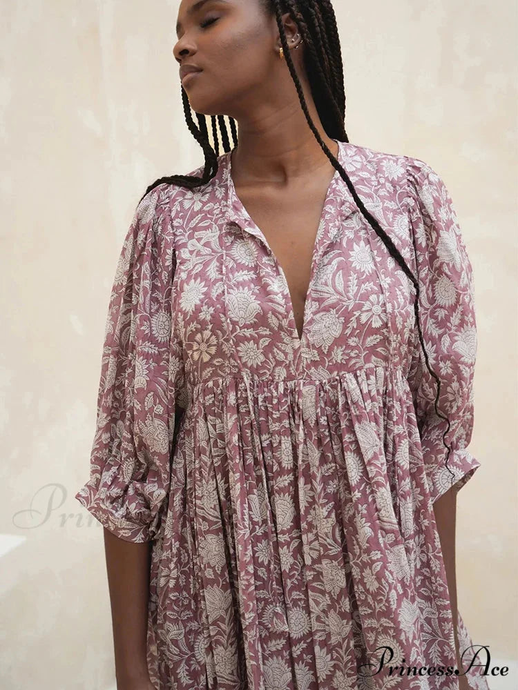 Bohemian Antique Lantern Sleeve Dress PURPLE / S bohodress-250126