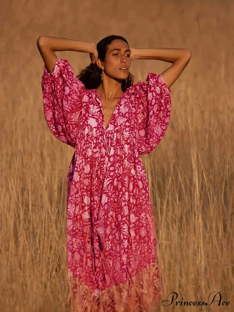 Bohemian Antique Lantern Sleeve Dress Red / S bohodress-250126