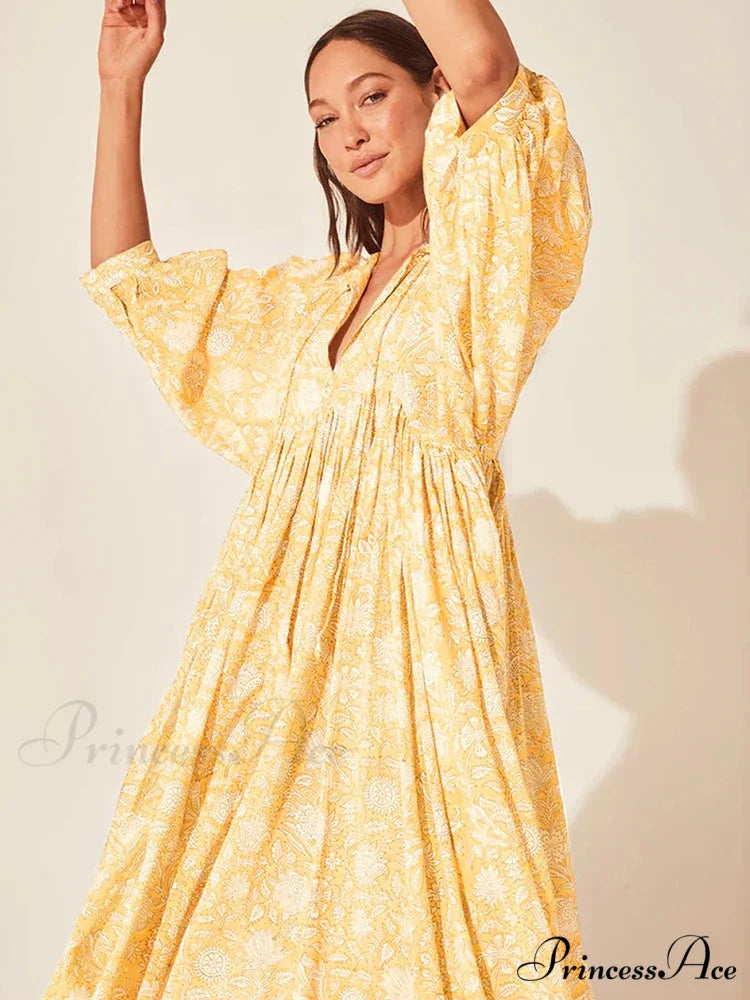 Bohemian Antique Lantern Sleeve Dress Yellow / S bohodress-250126